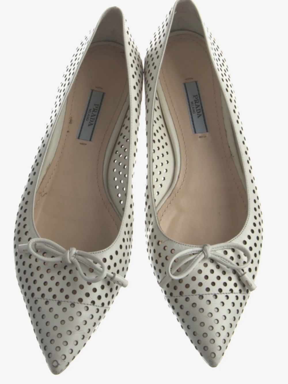 Prada White Perforated Pointed-Toe Ballet Flats 8/38 with Box & Dust Bag